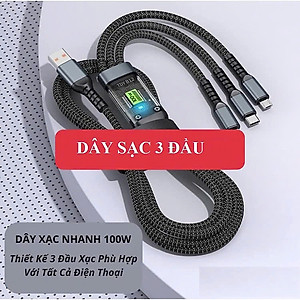 Dây Sạc 3 Đầu, Dây Sạc Nhanh 100W Với 3 Đầu Sạc Phù Hợp Với Nhiều Dòng Điện Thoại Dài Khoảng 1 Mét - Hàng Nhập Khẩu