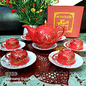 Bộ ấm chén Bát Tràng cao cấp mẫu đơn đỏ vẽ sen vàng