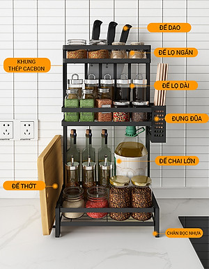 Kệ gia vị chữ E cao cấp VANDO bằng thép carbon chống gỉ, chống xước, kệ đựng chai lọ gia vị đa năng, kệ để đồ nhà bếp gọn gàng, sang trọng