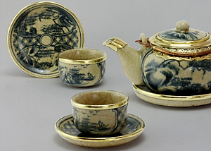 Bộ ấm chén Nhật men rạn bọc đồng gốm sứ Bát Tràng (bộ bình uống trà, bình trà)