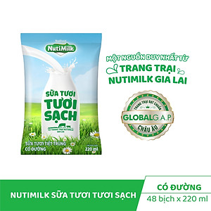Thùng 48 bịch NutiMilk Sữa tươi 100 điểm - Sữa tươi tiệt trùng Có đường Bịch 220ml TU.STCDB220TI NUTIFOOD