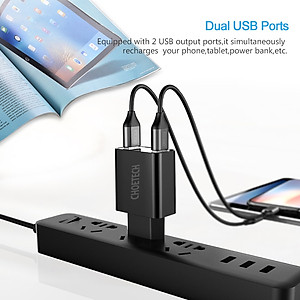 Cóc củ sạc nhanh 2 cổng USB Type A hiệu CHOETECH C0028 hỗ trợ sạc nhanh 5V-2.2A/Port trang bị chip sạc thông minh, đèn LED báo điện áp - Hàng chính hãng