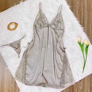 Q6 Váy ngủ lụa cao cấp  - Váy ngủ lụa phối ren xẻ tà - Đầm ngủ sexy hai dây gợi cảm- Váy ngủ nữ