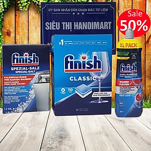 COMBO FINISH: Viên rửa bát Finish Classic 110 viên + Muối 1,2kg + Nước làm bóng 750ml
