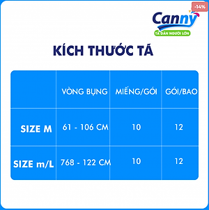 [Deal hot] TÃ DÁN NGƯỜI LỚN CANNY SIZE M/L 10 MIẾNG/GÓI siêu mềm, siêu thấm hút vòng bụng 68-122cm