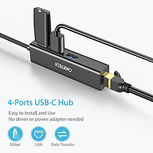 Hub Adapter chuyển đổi 4 in 1 Type-C ra 3 cổng USB 3.0 & cổng LAN RJ45 hiệu CHOETECH U02BK dùng cho Macbook / Laptop (tốc độ cao, kết nối nhiều thiết bị, kết nối internet có dây) - Hàng chính hãng