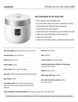 Nồi cơm điện tử áp suất kép Cuckoo CRP-ST1010FW (1.8L) (màu trắng) - Hàng Chính Hãng