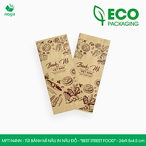 MFT1N4NN - 24x9.5x4.5 cm -100 Túi bánh mì Nâu, in sẵn họa tiết BEST STREET FOOD - Bao bánh mì Túi giấy thực phẩm an toàn