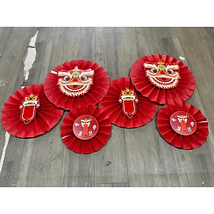 BỘ QUẠT GIẤY ĐỎ 6 CHIẾC – HÌNH ĐẦU LÂN TRANG TRÍ TẾT / TRUNG THU (khách tự ráp lại thành phẩm theo hình)