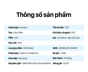 Cáp HDMI chuẩn 2.0 chất lượng  4K 60Hz Vention dây cáp HDMI tốc độ cao chuyên dụng dành cho 1080P 3D TV LCD/màn hình máy chiếu PS4/Xbox/Máy tính/Laptop - Hàng chính hãng