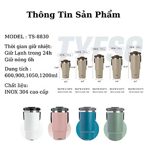 Cốc giữ nhiệt TYESO TS-8826 600ML bằng thép không gỉ 304 tay cầm công thái học Chống tràn & Giữ nhiệt 12 tiếng
