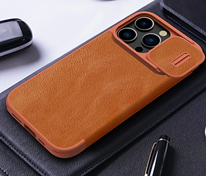 Bao da dành cho iPhone 15 Pro Max, 15 Pro hàng chính hãng Nillkin QIN có nắp trượt bảo vệ camera - Hàng nhập khẩu