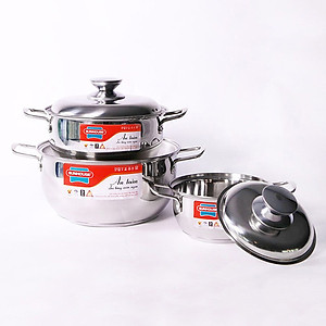 Bộ Nồi Inox 3 Đáy Sunhouse SH335(16cm, 20cm, 24cm ) - Dùng trên mọi loại bếp - Hàng chính hãng