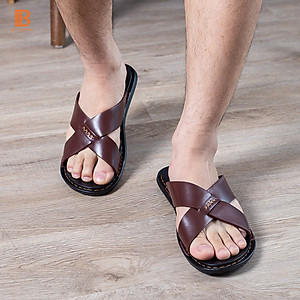 Dép nam quai ngang da bò Nappa cao cấp Bụi Leather E103, đế đúc nguyên khối khâu viền thủ công đi êm chân, Bảo hành 12 Tháng