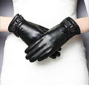 Găng tay nữ da cừu phối nơ nữ tính - BHY8714 Bao tay nữ mùa đông, lót lông, giữ ấm, cản gió, chống nước, cảm ứng điện thoại.