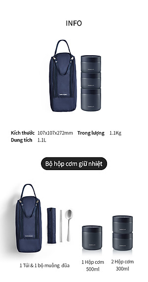 Bộ hộp cơm giữ nhiệt Lock&Lock Lunch Box LHC8052S01 - Hàng chính hãng có 3 ngăn riêng, kèm túi và muỗng đũa - JoyMall