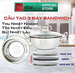 Nồi inox chống dính cao cấp Fivestar nắp kính inox 430 , tặng 5 muỗng ăn 18cm | 20cm | 22cm | 24cm | 26cm | 28cm