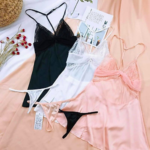 Q13 Váy ngủ lụa phối ren dây yếm cao cấp  - Đầm ngủ lụa sexy gợi cảm - Đồ ngủ nữ, Váy ngủ nữ