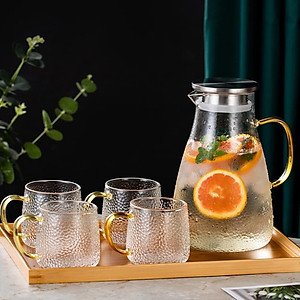 BỘ BÌNH NƯỚC THỦY TINH CRYSTAN KÈM 6 CỐC VÂN NHÁM QUAI VÀNG CAO CẤP CHỊU NHIỆT - ANTH446