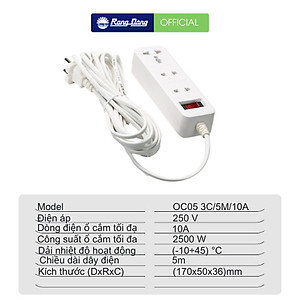 Ổ cắm điện kéo dài Rạng Đông 2m/5m Model OC04, OC05 chống giật, rơ le tự ngắt chống quá tải