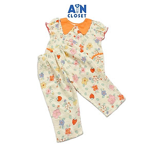 Bộ quần áo dài tay ngắn bé gái họa tiết Hoa Dâu cổ cam xô muslin - AICDBGTDX5FC - AIN Closet