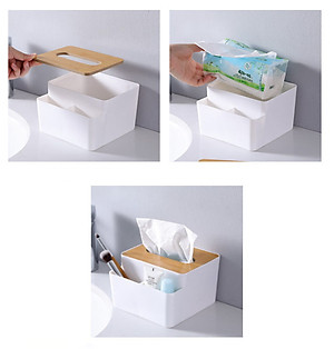 Hộp, Kệ Đựng Khăn Giấy Ăn Nắp Gỗ KUNBE Kèm 2 Ngăn Chứa Đồ Đa Năng Tiện Lợi