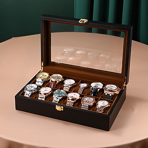 Hộp Đựng Đồng Hồ 12 Ngăn SAIKE SAIKE S120 Vỏ Gỗ Màu Đen Lót Nhung Màu Nâu