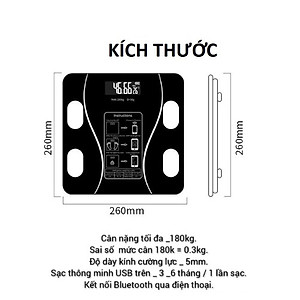 Cân Điện Tử Sức Khoẻ Bluetooth Phân Tích Chỉ Số Cơ Thể Kết Nối Điện Thoại Qua Bluetooth Màn Hình LCD HD, Độ Chính Xác Cao Màu Đen