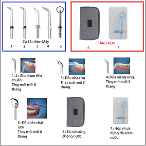 Tăm nước cầm tay H2ofloss HF-6. Tăm nước 5 chế độ, 5 đầu tăm đa chức năng, túi vải đựng máy, pin sử dụng tối đa 21 ngày, tặng kèm củ sạc nguồn thấp