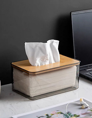 HỘP ĐỰNG GIẤY ĂN NHỰA MIKA TRONG SUỐT NẮP GỖ TRE PHONG CÁCH BẮC ÂU