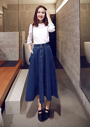 Chân váy jean xòe dài 2 nút C011