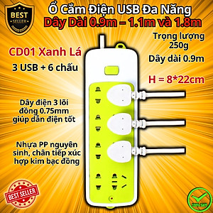 Ổ Cắm Điện USB Đa Năng Cao Cấp Chống Giật Dây Dài 0.9m – 1.1m và 1.8m, Ổ Cắm Điện Công Suất 2500W Có Chốt An Toàn, Nhiều Lựa Chọn, Nhựa Nguyên Sinh
