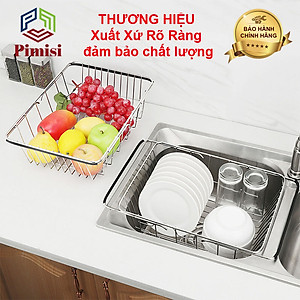 Rổ Inox 304 Chữ Nhật Gác Bồn Rửa Chén Pimisi Úp Bát Đĩa - Rau Củ Quả Với Thiết Kế Thông Minh Điều Chỉnh Độ Dài Co Giãn Chiều Dài Khay, Tay Nắm Kéo Từ Thép Không Gỉ SUS 304 - Với 4 Góc Vuông Bo Tròn Phù Hợp Với Mọi Chậu Rửa Bát  | Hàng Chính Hãng
