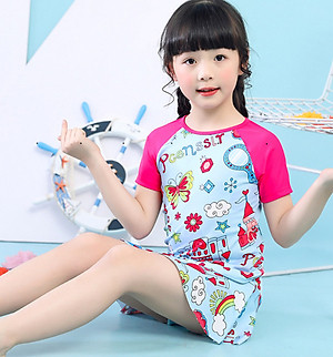 Đồ Bơi Bé Gái Hai Mảnh Áo Ngắn Tay Quần Váy BB031 MayHomes Họa Tiết Hình Dễ Thương