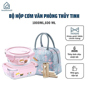 Bộ Hộp Cơm Văn Phòng, Chất Liệu Thủy Tinh Chịu Nhiệt Tốt, Nắp Nhựa PP Cao Cấp An Toàn Sức Khoẻ Tặng Kèm Bộ Thìa Đũa Và Túi Xách Tiện Lợi- Hàng Chính Hãng MINIIN