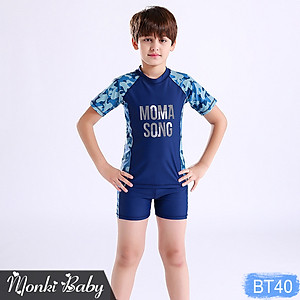 Đồ bơi cho bé trai vừa và lớn size đại đến 55kg, mẫu thun bơi cao cấp, dáng áo cộc tay quần sooc đùi thể thao, có kèm mũ | BT40