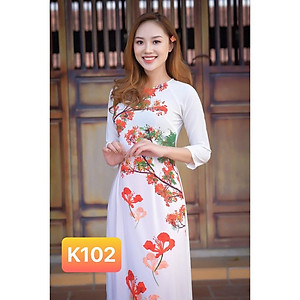 Áo dài Thúy Kiều in 3D lụa Nhật trắng hoa phượng đỏ K102