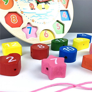 Đồng hồ Gỗ xếp hình học xỏ dây cho bé học đếm giờ phân biệt màu sắc hình khối - Xâu chuỗi hạt bằng gỗ