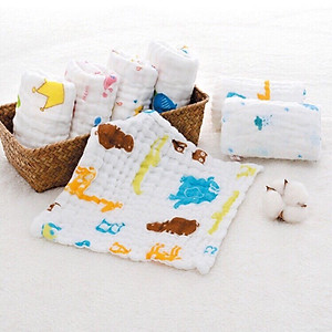 Khăn Sữa Cotton Unmei 6 lớp cho Bé, 30x30cm, Khăn Vải Xô Dày dặn, Thấm Hút Tốt, Màu Trắng Hoa văn ngẫu nhiên