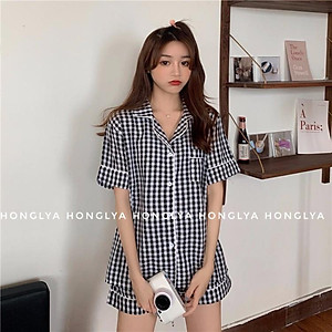 Bộ ngủ cộc cộc kẻ caro siêu dễ thương Pijama kẻ caro Pizama dễ thương Pyjama