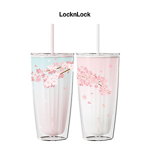 Ly nhựa 2 lớp Cherry Blossom Double wall Cold Cup LocknLock HAP522 - Kèm ống hút - Dung tích 750ml