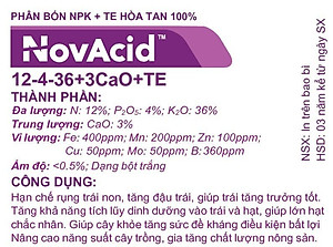 Phân bón hòa tan Israel Novacid 12-40-36+3CaO+Te, Hoà tan 100% sử dụng cho hệ thống tưới nhỏ giọt và tưới phun. Hạn chế rụng trái non, thúc hoa ra màu đẹp và tăng sức đề kháng cho cây trồng