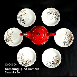 Bộ ấm chén Bát Tràng cao cấp mẫu đơn đỏ vẽ sen vàng