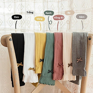 Quần tất len không bàn - quần leggings đính nơ trơn màu cho bé gái, co giãn 4 chiều size từ 1 đến 12 tuổi