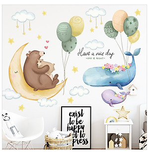 Decal dán tường cho bé Sticker dán tường in chất lượng cao có keo mặt sau mẫu Gấu và Cá Voi ZH73