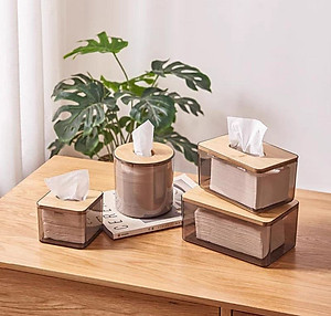 HỘP ĐỰNG GIẤY ĂN NHỰA MIKA TRONG SUỐT NẮP GỖ TRE PHONG CÁCH BẮC ÂU