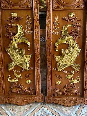 CẶP TRANH LÝ NGƯ  VỌNG NGUYỆT KHẮC CHỮ PHÚC ĐỨC BẰNG GỖ GÕ ĐỎ KT 37×117×4CM