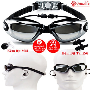 Bộ Kính Bơi Tráng Bạc Chống Tia UV Có Bịt Tai Gắn Liền - Chọn Màu – Kính Bơi Cao Cấp Chống Nước Tặng Kèm Bịt Mũi, Kèm Bịt Tai Rời Chính Hãng Amalife