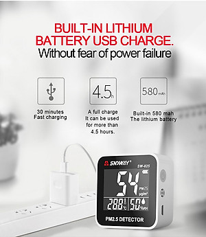 Máy Đo Chất Lượng Không Khí SNDWAY SW-825 - Đo Bụi Siêu Mịn PM2.5 - Đo Nhiệt Độ - Độ Ẩm Thời Gian Thực - Sử Dụng Pin Sạc - Hàng Chính Hãng