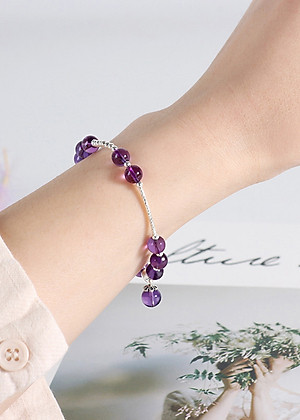 Vòng tay đá thạch anh tím phối charm bi bạc mệnh hỏa, thổ - Ngọc Quý Gemstones
